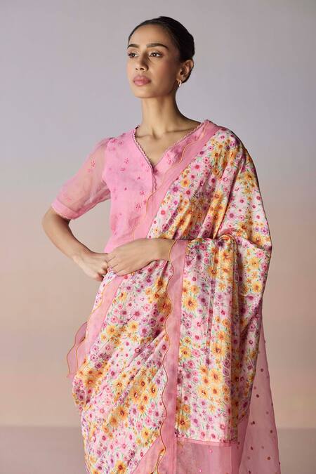 Shop_Surmaye_Pink Organza, Silk Sequins, Beads, Embroidery Wildflower Dawn Saree _Online_at_Aza_Fashions