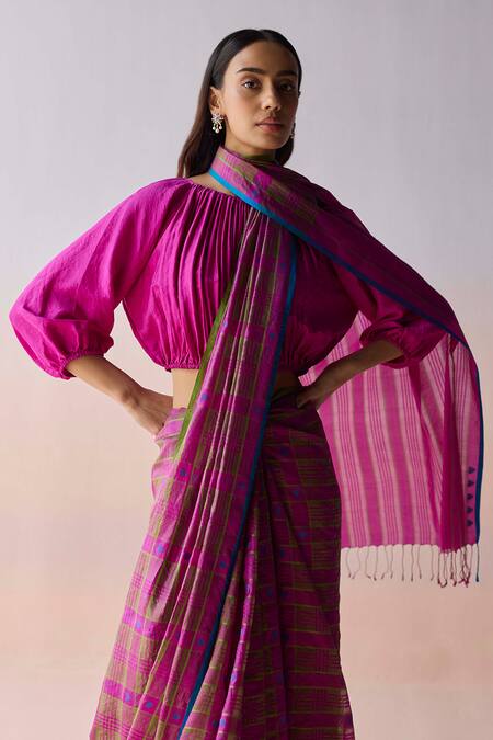 Shop_Surmaye_Pink Organza, Silk Embroidery Heartglow Jamdani Saree _Online_at_Aza_Fashions