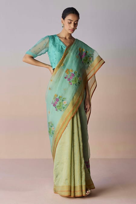 Surmaye Green Organza, Silk Embroidery Earthsong Jamdani Saree 