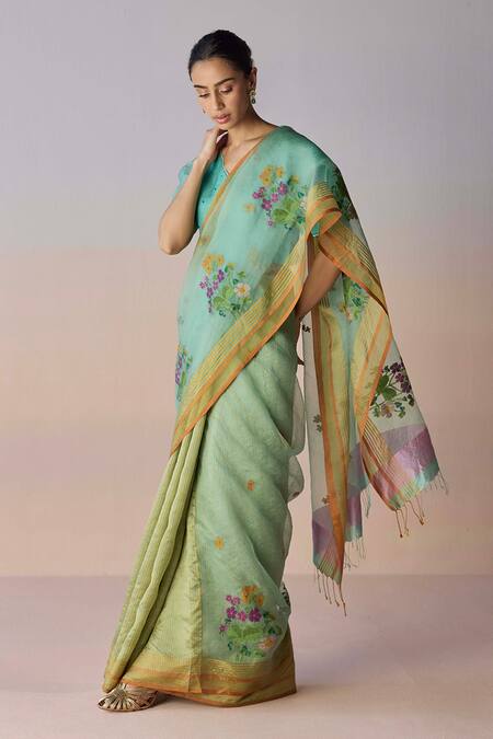Surmaye Green Organza, Silk Embroidery Earthsong Jamdani Saree at Aza Fashions Surmaye_Green Organza, Silk Embroidery Earthsong Jamdani Saree _at_Aza_Fashions