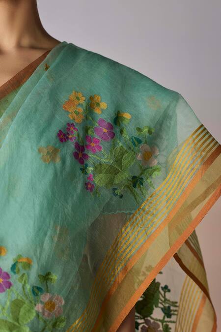 Shop Surmaye Green Organza, Silk Embroidery Earthsong Jamdani Saree Shop_Surmaye_Green Organza, Silk Embroidery Earthsong Jamdani Saree