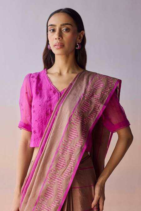 Buy_Surmaye_Pink Organza, Silk Tassels Blush Horizon Jamdani Saree _Online_at_Aza_Fashions