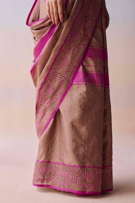 Shop_Surmaye_Pink Organza, Silk Tassels Blush Horizon Jamdani Saree _Online_at_Aza_Fashions