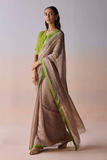 Shop_Surmaye_Brown Silk Organza Zari Taupe Wildflower Gleam Saree _Online_at_Aza_Fashions