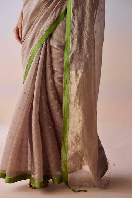 Surmaye_Brown Silk Organza Zari Taupe Wildflower Gleam Saree _at_Aza_Fashions