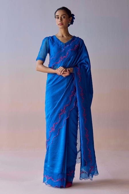 Surmaye Blue Organza, Silk Embroidery Moonglade Saree 