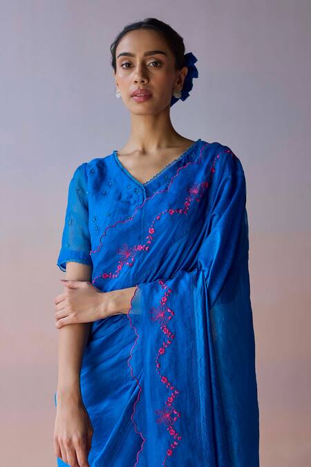 Shop Surmaye Blue Organza, Silk Embroidery Moonglade Saree Online at Aza Fashions Shop_Surmaye_Blue Organza, Silk Embroidery Moonglade Saree _Online_at_Aza_Fashions