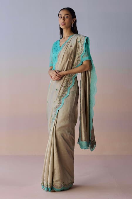 Shop_Surmaye_Beige Organza, Silk Embroidery, Beads Oceans Breath Saree _Online_at_Aza_Fashions