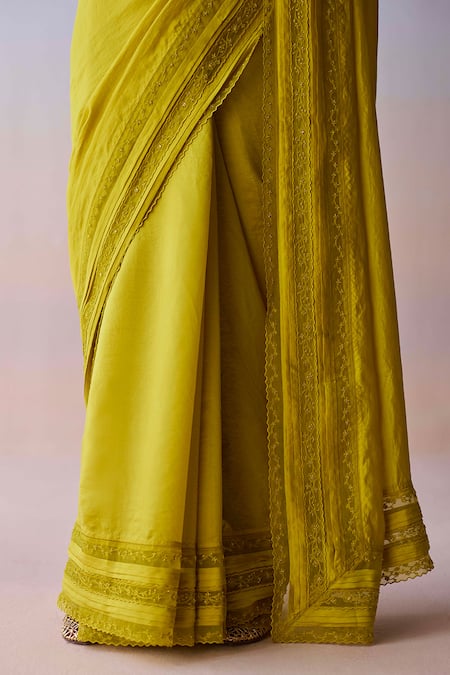 Buy_Surmaye_Yellow Organza, Silk Embroidery, Beads Whispering Ivy Saree _Online_at_Aza_Fashions