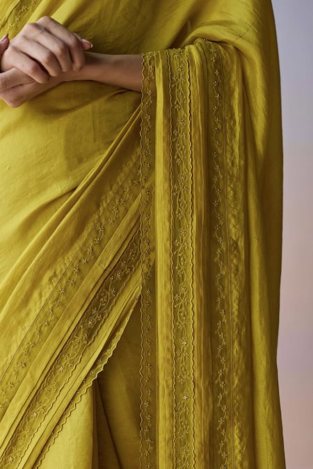 Shop_Surmaye_Yellow Organza, Silk Embroidery, Beads Whispering Ivy Saree _Online_at_Aza_Fashions