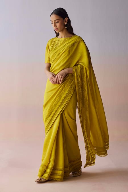 Surmaye_Yellow Organza, Silk Embroidery, Beads Whispering Ivy Saree _at_Aza_Fashions