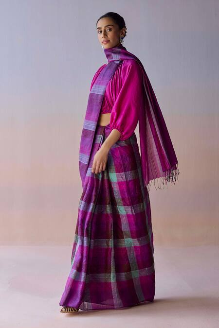 Buy_Surmaye_Multi Color Silk Aurora Checkered Saree _Online_at_Aza_Fashions