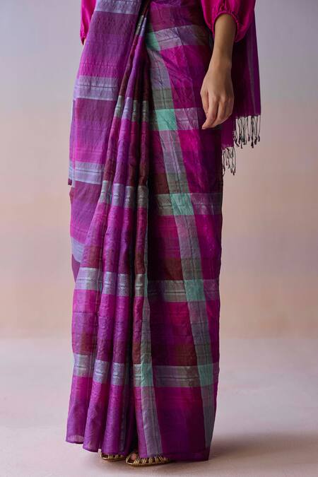 Surmaye_Multi Color Silk Aurora Checkered Saree _at_Aza_Fashions