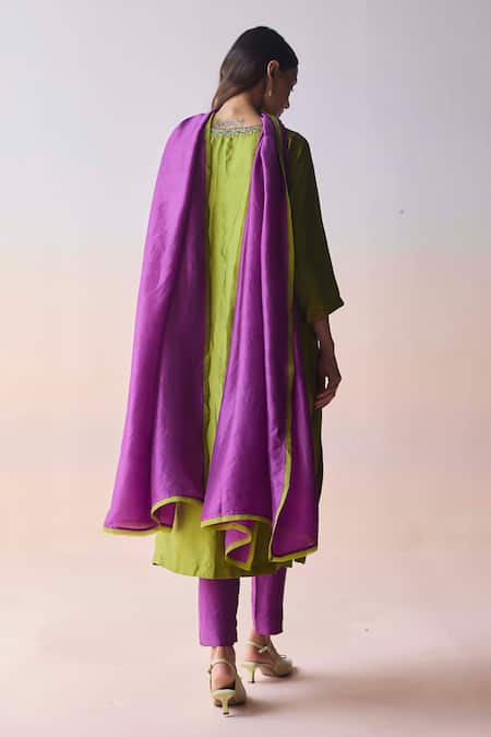 Surmaye Green Organza, Silk Embroidery, Beads Round Neck Riverstone Kurta And Pant Set Online at Aza Fashions Surmaye_Green Organza, Silk Embroidery, Beads Round Neck Riverstone Kurta And Pant Set _Online_at_Aza_Fashions
