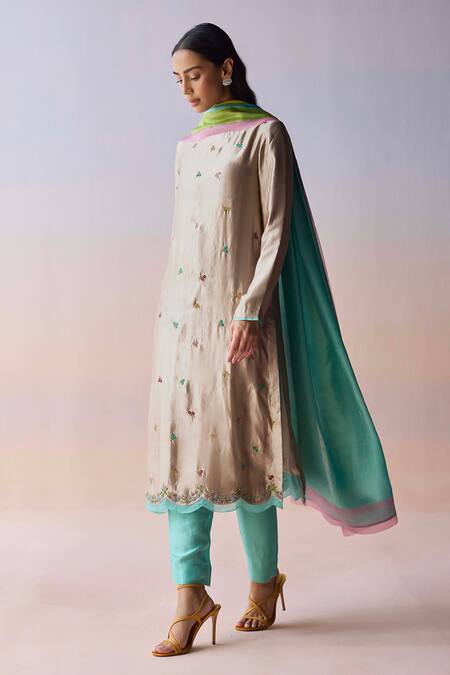 Surmaye_Beige Organza, Silk Embroidery, Beads Boat Neck Oceans Breath Kurta And Pant Set _Online_at_Aza_Fashions