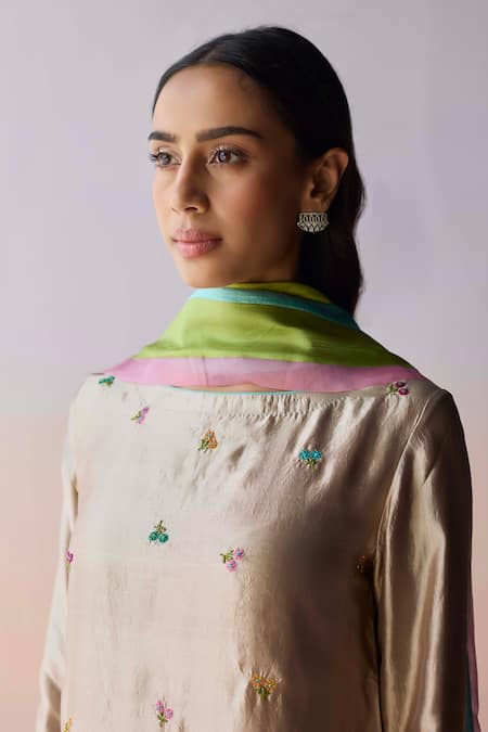 Buy_Surmaye_Beige Organza, Silk Embroidery, Beads Boat Neck Oceans Breath Kurta And Pant Set _Online_at_Aza_Fashions
