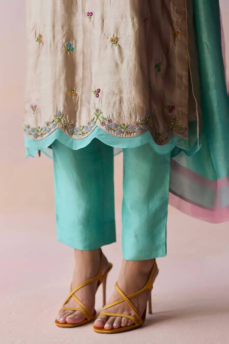 Shop_Surmaye_Beige Organza, Silk Embroidery, Beads Boat Neck Oceans Breath Kurta And Pant Set _Online_at_Aza_Fashions