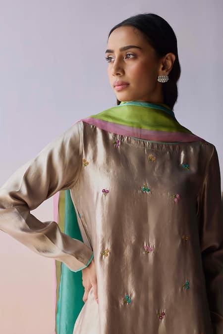 Surmaye_Beige Organza, Silk Embroidery, Beads Boat Neck Oceans Breath Kurta And Pant Set _at_Aza_Fashions