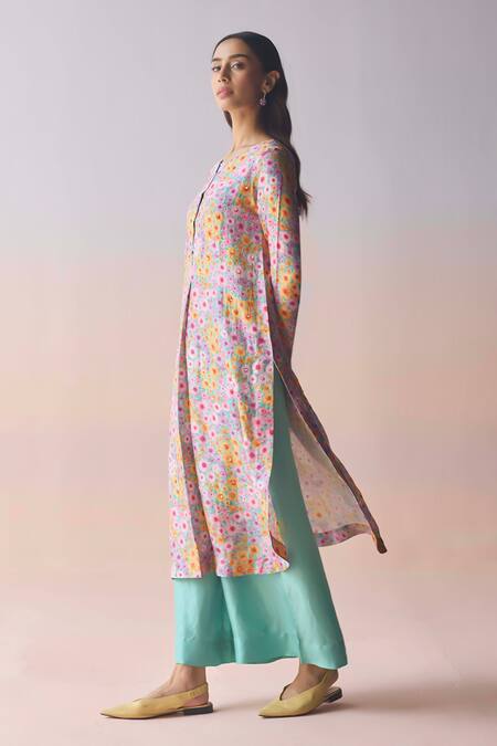 Surmaye_Blue Silk Sequins, Beads Round Neck, Split Wildflower Dawn Kurta And Pant Set _Online_at_Aza_Fashions