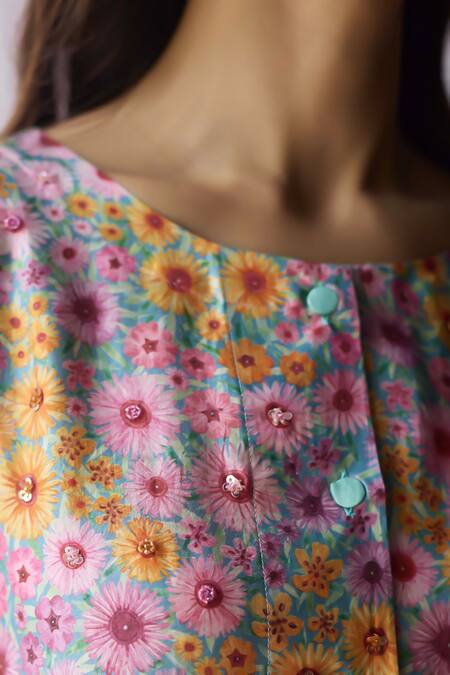 Shop_Surmaye_Blue Silk Sequins, Beads Round Neck, Split Wildflower Dawn Kurta And Pant Set _Online_at_Aza_Fashions