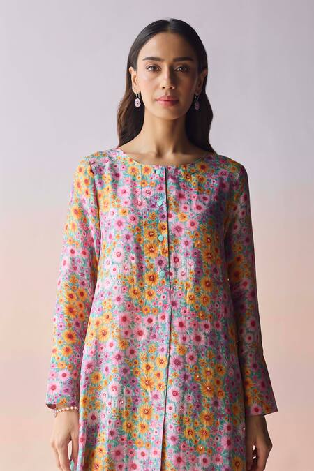 Surmaye_Blue Silk Sequins, Beads Round Neck, Split Wildflower Dawn Kurta And Pant Set _at_Aza_Fashions