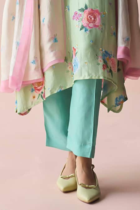 Buy_Surmaye_Mint Silk Sequins, Beads V-neck Kindred Petals Green Kurta And Pant Set _Online_at_Aza_Fashions