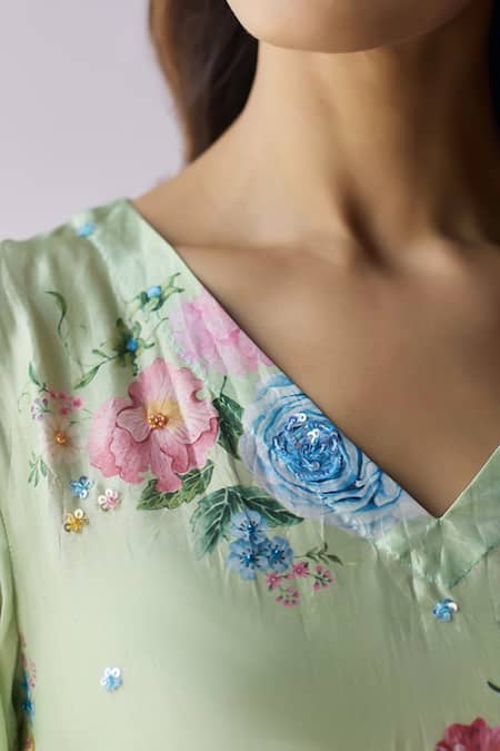 Shop_Surmaye_Mint Silk Sequins, Beads V-neck Kindred Petals Green Kurta And Pant Set _Online_at_Aza_Fashions