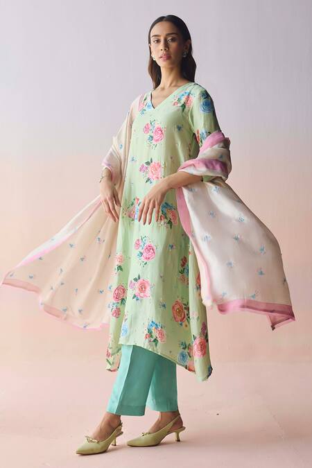 Buy_Surmaye_Mint Silk Sequins, Beads V-neck Kindred Petals Green Kurta And Pant Set 