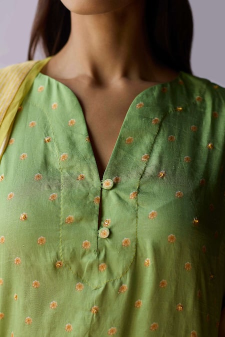 Surmaye_Green Silk Sequins, Beads Split V-neck Morning Whisper Kurta And Pant Set _at_Aza_Fashions