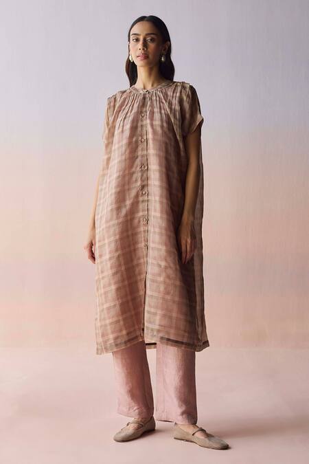 Surmaye_Brown Kota Doria, Silk Round Neck, Split Rooted Kurta Set _Online_at_Aza_Fashions