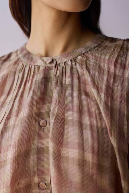 Shop_Surmaye_Brown Kota Doria, Silk Round Neck, Split Rooted Kurta Set _Online_at_Aza_Fashions