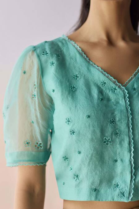Surmaye_Blue Organza, Silk Embroidery, Beads V-neck Starbloom Coral Blouse _Online_at_Aza_Fashions