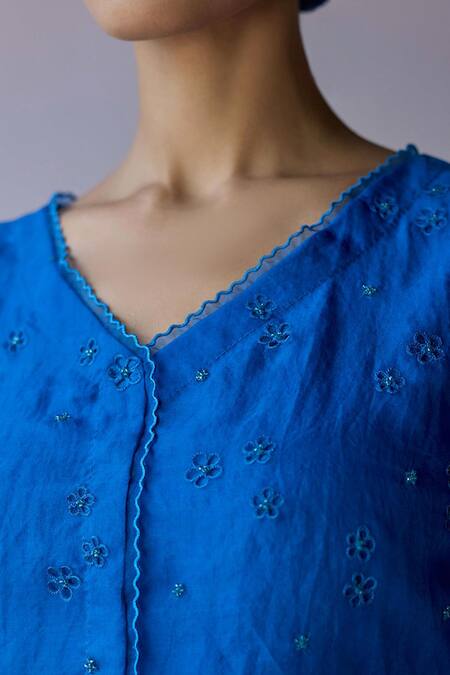 Surmaye_Blue Silk Organza Embroidery, Beads V-neck Starbloom Persian Blouse _Online_at_Aza_Fashions