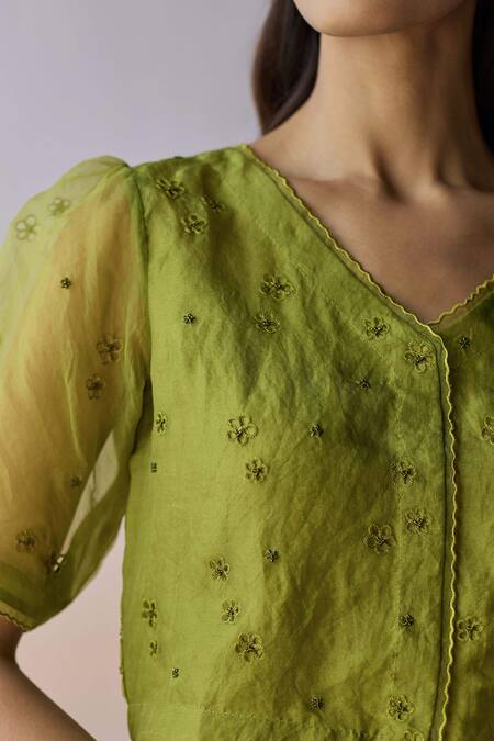 Surmaye_Green Silk Organza Embroidery, Beads, Cut Work V-neck Starbloom Leaf Blouse _Online_at_Aza_Fashions