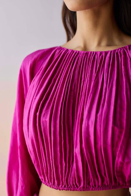 Surmaye_Pink Silk Round Neck Moonshadow Blouse _Online_at_Aza_Fashions