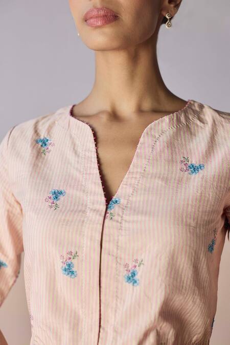 Surmaye_Pink Silk Beads, Embroidery Split V-neck Soul Flower Blouse _Online_at_Aza_Fashions