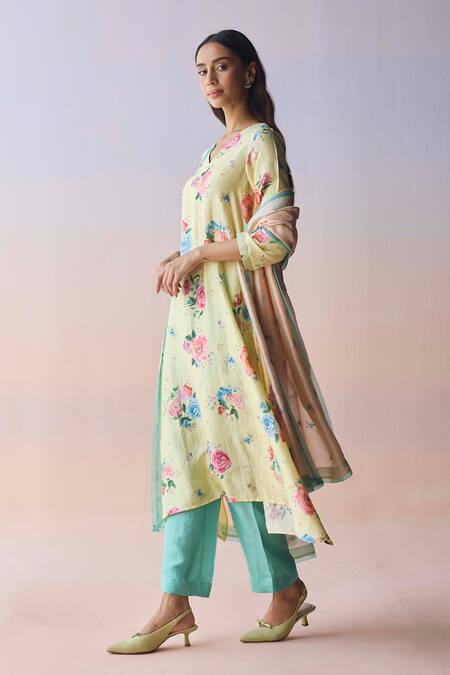 Surmaye_Yellow Silk Embroidery, Beads Soul Flower Green Dupatta _Online_at_Aza_Fashions