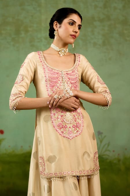 Buy Shyam Narayan Prasad Ivory Silk, Brocade, Organza Embroidery, Beads, Gota Patti, Kurta Sharara Set Buy_Shyam Narayan Prasad_Ivory Silk, Brocade, Organza Embroidery, Beads, Gota Patti, Kurta Sharara Set