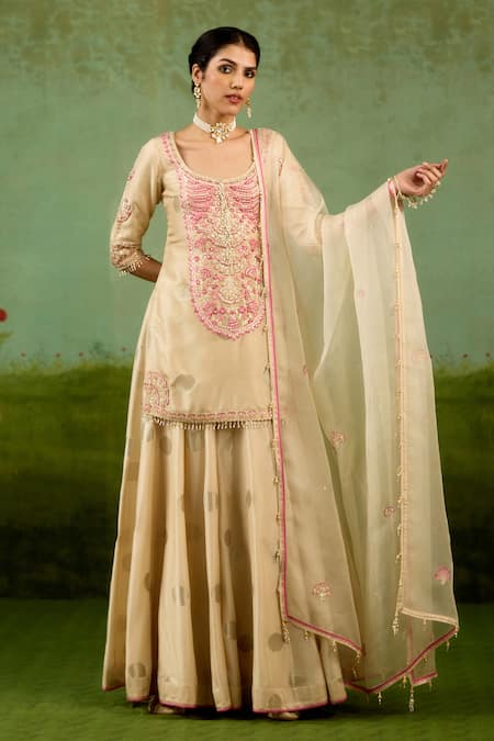 Shyam Narayan Prasad Ivory Embroidered Kurta Sharara Set 