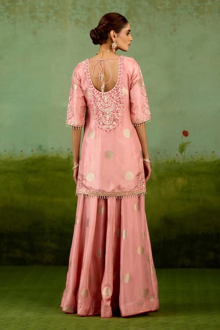 Shyam Narayan Prasad Coral Pink Embroidered Kurta Sharara Set 