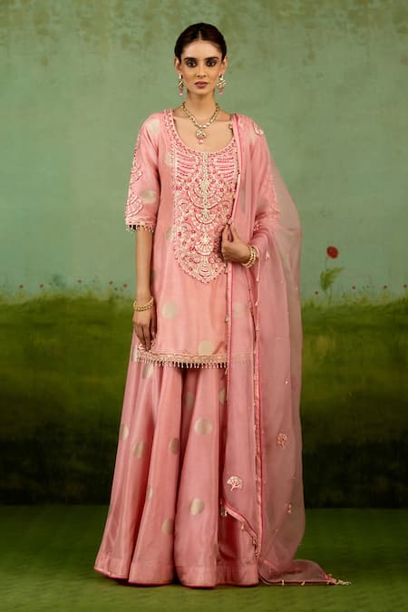 Buy_Shyam Narayan Prasad_Coral Brocade, Organza Embroidery, Gota Patti, Beads Pink Kurta Sharara Set _Online_at_Aza_Fashions