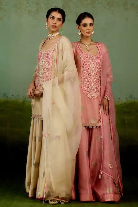 Shop_Shyam Narayan Prasad_Coral Brocade, Organza Embroidery, Gota Patti, Beads Pink Kurta Sharara Set _Online_at_Aza_Fashions
