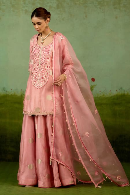 Shyam Narayan Prasad_Coral Brocade, Organza Embroidery, Gota Patti, Beads Pink Kurta Sharara Set _at_Aza_Fashions