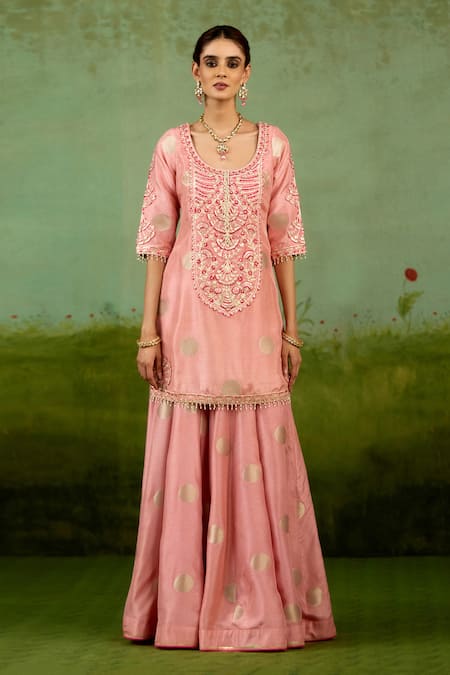 Buy_Shyam Narayan Prasad_Coral Brocade, Organza Embroidery, Gota Patti, Beads Pink Kurta Sharara Set 