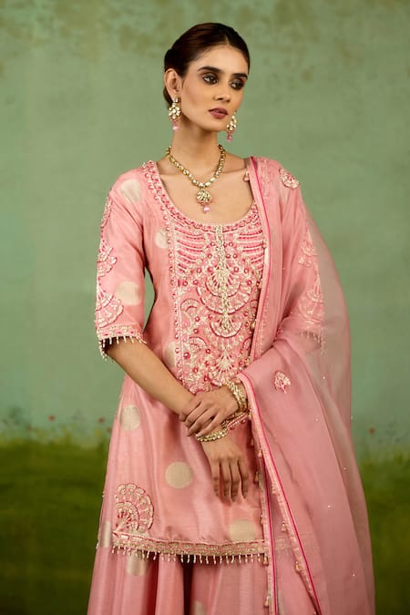 Shop_Shyam Narayan Prasad_Coral Brocade, Organza Embroidery, Gota Patti, Beads Pink Kurta Sharara Set 