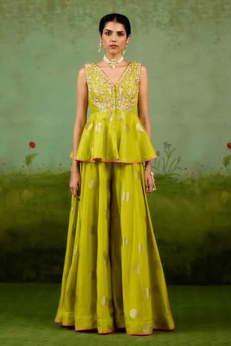Shyam Narayan Prasad_Green Silk, Brocade, Organza Zari, Embroidery, Beads Bright Kurta Sharara Set _Online_at_Aza_Fashions