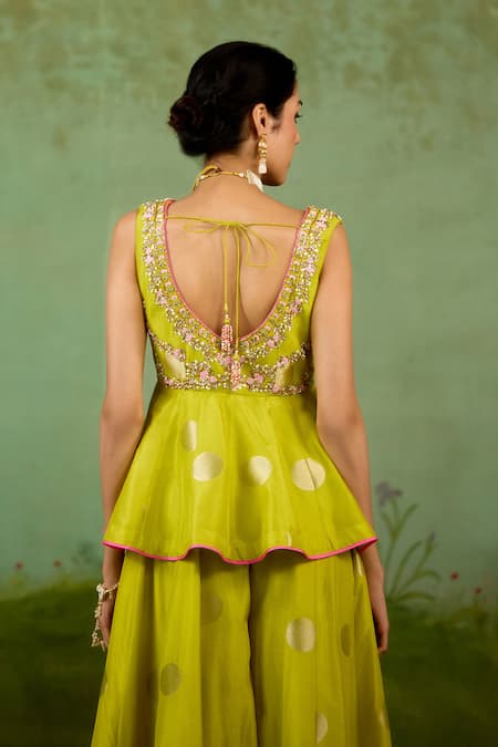 Shop_Shyam Narayan Prasad_Green Silk, Brocade, Organza Zari, Embroidery, Beads Bright Kurta Sharara Set _Online_at_Aza_Fashions