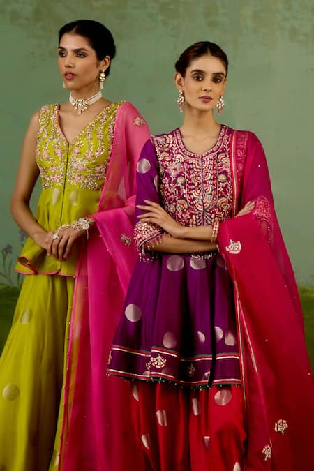 Buy_Shyam Narayan Prasad_Green Silk, Brocade, Organza Zari, Embroidery, Beads Bright Kurta Sharara Set 