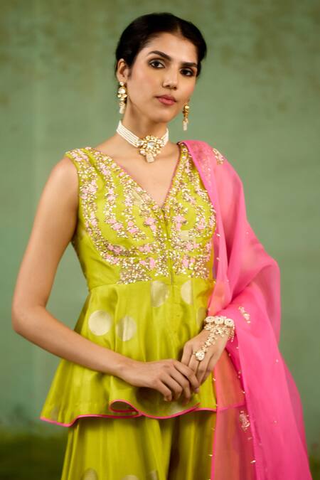 Shop_Shyam Narayan Prasad_Green Silk, Brocade, Organza Zari, Embroidery, Beads Bright Kurta Sharara Set 