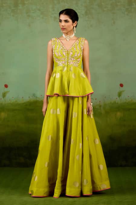 Shyam Narayan Prasad Green Silk, Brocade Zari, Beads, Embroidery V-neck Kurta Sharara Set Online at Aza Fashions Shyam Narayan Prasad_Green Silk, Brocade Zari, Beads, Embroidery V-neck Kurta Sharara Set _Online_at_Aza_Fashions